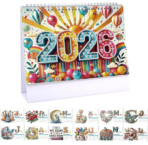 Monthly Desk Calendar, 2026 Desk Calendar, 12 Month Planner from January 2026 to December, Gem Art Painting Tablet Table Calendar for Planning