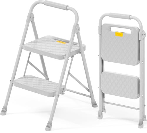 KINGRACK 2 Step Folding Step Ladder for Home, Safety Lock, 330lbs Load | Anti-slip wide pedals, safety handrail, lightweight portable step ladder for kitchen, garage, office, daily home tasks