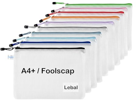 10 Stück A4+ Reißverschluss-Beutel & Zip-Pouch Mappe, geeignet für Foolscap/Legal Dokumente, TRANBO Mesh Zip Bags mit Beschriftungsfach, mehrfarbig für Büro, Schule, Reise