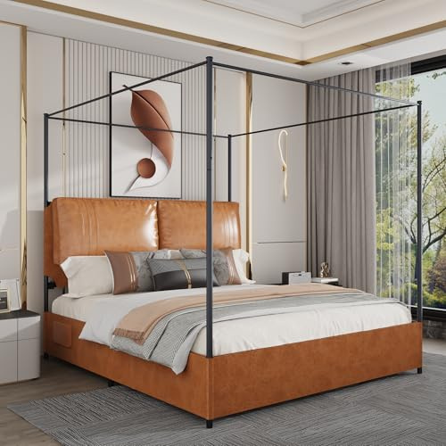 Polsterbett 140x200 Bett mit Matratze und Lattenrost - Moderner Metallbett Himmelbettrahmen mit Gepolstertem Kopfteil aus Kunstleder Hohes Himmelbett aus Metall mit Plattform (140x200 cm)