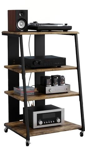 Relaxdays Hifi Rack, 4 Ebenen, für Plattenspieler, braun/schwarz | Eisen & MDF, 78x61x52 cm, Industrial Multimediaregal
