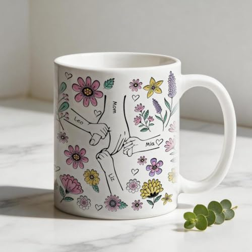 Taza personalizada para el día de la madre, tazas de café con flores personalizadas con nombres de niños, taza de cerámica, regalos de cumpleaños para mamá, abuela de hija e hijo