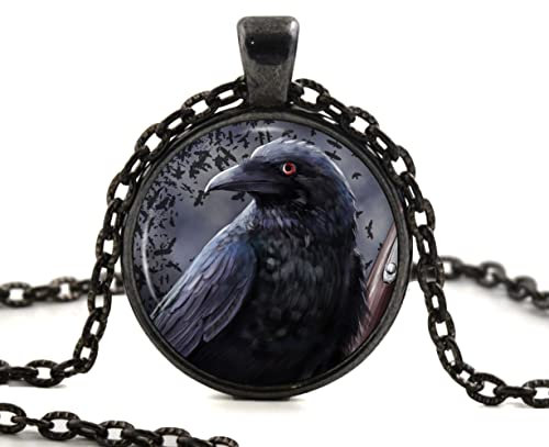 Black Raven Glass Pendant Necklace, Gothic Black Bird Crow Photo Jewellery Gift