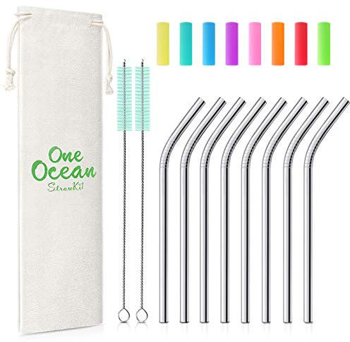 Teivio Lot de 8 pailles courtes en acier inoxydable (6,25) en métal réutilisables avec embouts en silicone et étui, brosse de nettoyage et sac de transport pour verres à cocktail, petites tasses Bent