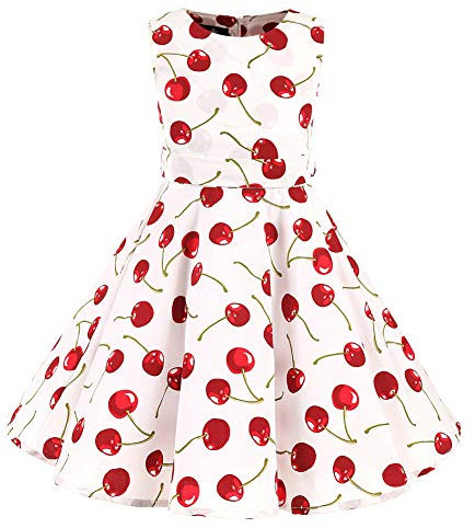 SXSHUN Robe Fille Enfant de Bal Polka Vintage pin-up à 'Audrey Hepburn' 50's 60's Rockabilly Halter Robe Fille Enfant de soirée Cocktail sans Manches, Cerise Blanche, 9-10 Ans