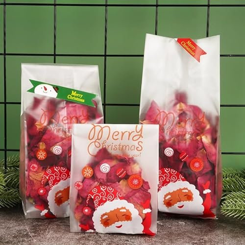 FLOFIA 50 Weihnachten Cellophantüten Kekstüten Transparent Weihnachten Plätzchentüten Geschenktüten Bodenbeutel Zellophantüten mit 70 Aufkleber Tüten für Kekse Süßigkeiten Weihnachtsmann