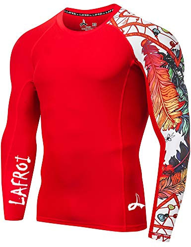 LAFROI Herren Langarm UPF 50+ Kompressionsshirt Rash Guard-CLYYB (Asymmetric Red Fire,LG)