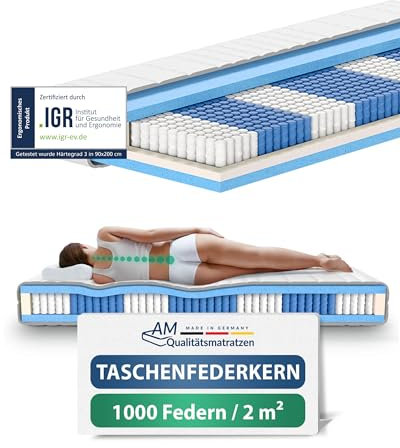 AM Qualitätsmatratzen Deluxe Taschenfederkernmatratze 70x200cm H1 24cm - Made in Germany & Oeko TEX Siegel - Federkernmatratze 70x200 mit 1000 Federn & Lyocell Bezug - 7 Zonen Matratze 70x200 H1
