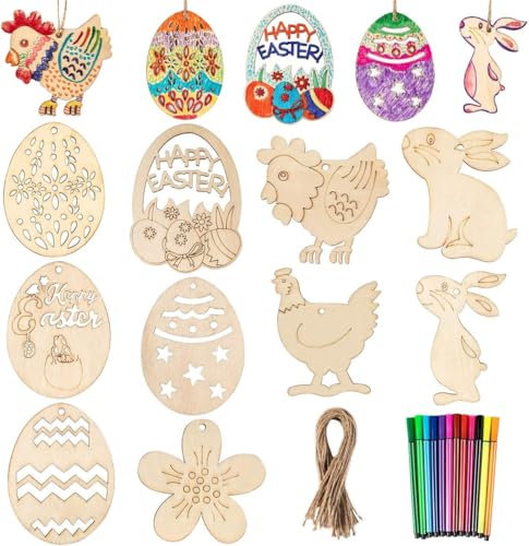 Gyvazla Pascua Artesanías de Madera, 50 PCS Sin Terminar Adornos de Pascua Huevo Conejo Colgante de Madera con 12 Marcadores de Color para los Niños de Pascua Fiesta Suministros DIY Decoración
