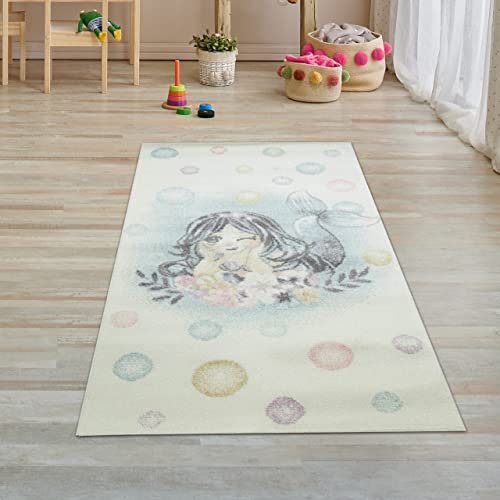 Teppich-Traum Kinderzimmer Spielteppich Vorleger • pflegeleicht • Meerjungfrau Blumen Seifenblasen Creme türkis, Größe 80x150 cm
