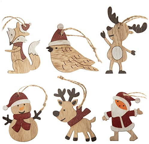 com-four® 6X Tannenbaumschmuck Holz-Anhänger Set - Weihnachtsbaumschmuck zum Dekorieren - Christbaumschmuck in 6 weihnachtlichen Designs