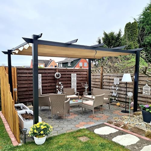 PURPLE LEAF Pergola Aluminium 4 x 3 m pour Terrasse Autoportante, Toile Coulissante Rétractable, Pergola Jardin Extérieur Imperméable, Barbecue Extérieur, Pavillon de Jardin, Kaki