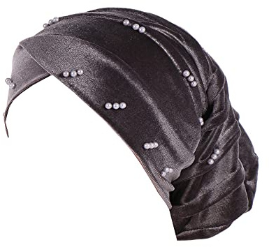 JDYaoYing Turban-Kopfbedeckung, Schal, Samt, Perlen, Kopfbedeckung für Damen, florales Muster, Beanie-Mütze, Haarabdeckung, grau, Einheitsgröße