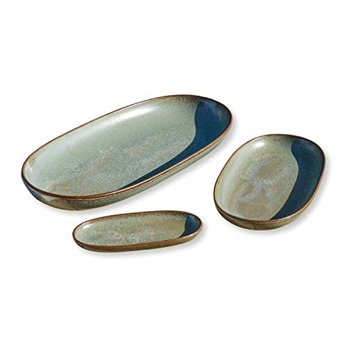 LOBERON Servierplatte 3er Set Biarré, Verschiedene Größen, Handgetöpfert, Mediterraner Charakter, Spülmaschinenfest, Geschirr, Tischaccessoires, Steinzeug, türkis/braun