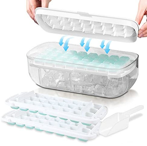 Ice Cube Tray with Lid, Food-Grade Ice Cube Moulds, Release All Ice Cubes in One Second, Reusable 48 Ice Cube Tray(White)