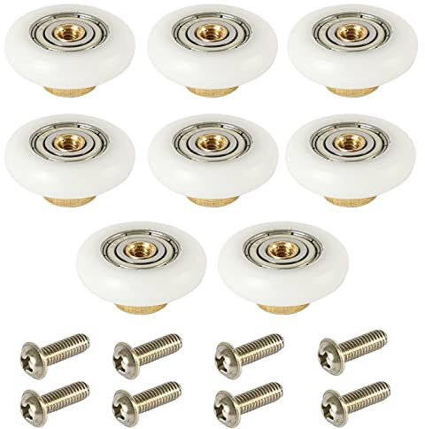 Aroakko 8pcs Bath Shower Door Rollers/Runners Wheels Pulleys 19mm Dia Wheel Bathroom Replacement Part Enclosures Cabins Brass+POM