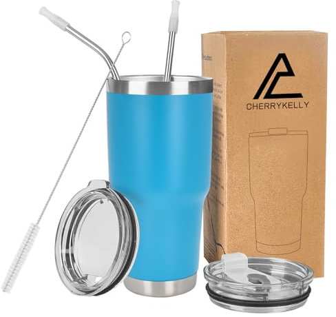 CherryKelly 30oz (850ml) Insulated Travel Tumbler Mug Stainless Steel Vacuum Coffee Cup with 2 Leak-Proof Lids & Straws, BPA-Free, Hot & Cold, Commute, Gym, Office - Sky Blue