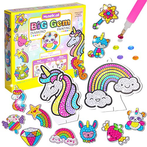 Wisplye Diamond Painting Sticker Kinder Mädchen, 14 Stücke 5D Einhorn DIY Diamant Malerei Basteln Set, Spielzeug Kreativ Art Décoration Bilder für Weihnachten Geburtstags Geschenk 6 7 8 9 10 11 Jahre