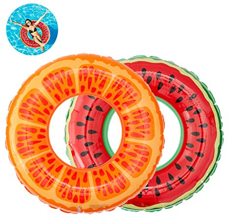 Sky Pukitt 2 Stück Aufblasbare Schwimmringe mit Sommerfruchtmalerei, Orange und Wassermelone Schwimming Ring Erwachsene, 90 cm Transparenter Floating Ring Für Sommerpool Party