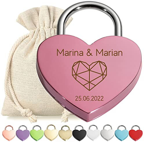 Herz Liebes-Schloss Bügelschloss personalisierte Gravur Pink - Motiv Polygon Herz - Geschenkbeutel - mit Schlüssel - Jahrestag, Verlobung - Sie & Ihn - Paar, Ehepaar - present, love