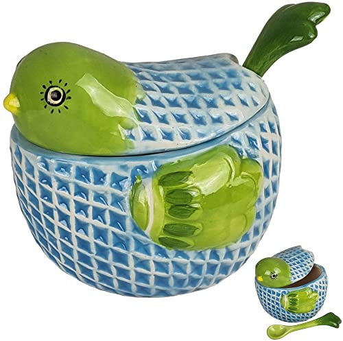 My-goodbuy24 Zuckerdose aus Keramik - Handbemalt - mit Deckel und Löffel - Vorratsbehälter für den Kaffeetisch - Motiv Huhn grün/blau - Süßigkeitenbehälter 380 ml (blau/grün)