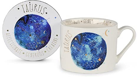 Summer Thornton - Juego de tazas con posavasos en caja de regalo (diseño de Tauro), taza de café de cerámica de 11 onzas, con signo de estrella, regalo del zodiaco y regalos de Tauro