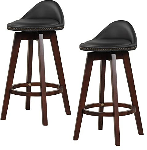 COSTWAY Barhocker 2er Set, 360° drehbar, Barstuhl mit Lehne, Sitzhöhe 74cm, Küchenhocker Holz, Bar Stühle, Industrie-Design, Schwarz & Braun