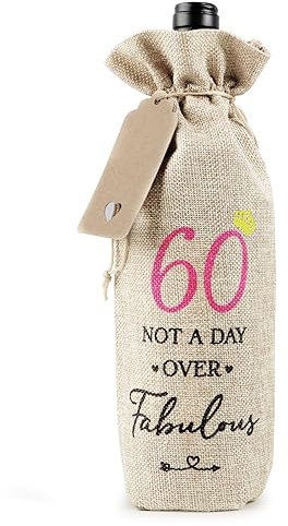60th Cotton Linen Wine Gift Bag Drawstring Bottle Bag for Wine with Tag and Rope 60 Years Old Birthday Gift Wine Bottle Cover Gift Bags for Women Wife Friends