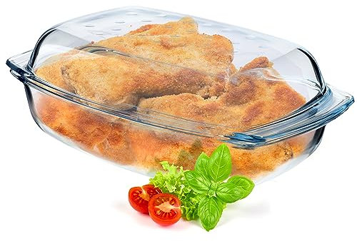 KADAX Bandeja de vidrio con tapa resistente al calor, recipiente ignífugo para lasaña, estofado de verduras, asado (rectangular – 4,1 L)