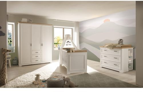 Lomadox Babyzimmer Set 3-teilig, Kleiderschrank, Gitterbett, Wickelkommode umbaubar zu Kommode, Landhausstil, Pine weiß mit Eiche