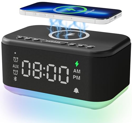 Alarm Clock Speaker Wireless Charger, Digital Alarm Clocks Bedrooms Bluetooth, Alarm Clock Dimmable Light Bedrooms Dual Alarm Snooze Dimmer 12 24H RGB Night Light Bluetooth USB AUX, Black