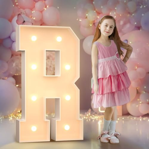 3FT Light Up Letters Birthday Decoration: Large Cardboard Letters R for Party, Marquee Letters for Graduation Decorations Baby Shower Wedding Decor, Mosaic Balloon Arch Stand Pre-cut DIY Number