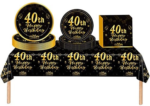 53Pcs Black Gold 40th Happy Birthday Party Tableware Decorations for Him Plastic Table Cloth,7,9inch Paper Plates,Napkins for Men Birthday Table Party Tableware Set for Men Adults Birthday Party
