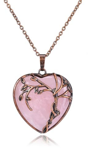 CrystalTears Rose Quartz Crystal Heart Necklaces for Women Tree Life Wrapped Healing Crystals Gemstones Heart Pendant Necklace Good Luck Crystal Stone Jewellry Gifts for Women Girls Her Mum