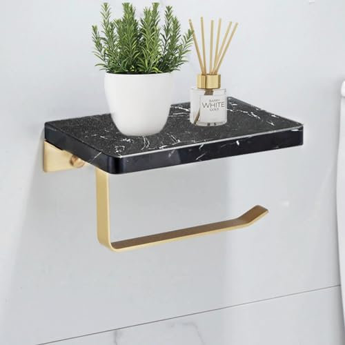 Toilettenpapierhalter ohne,Badetuchhalter mit natürlichem Marmor-Regal mit 20 cm Marmor Ablage, Selbstklebende WC Papier Halterung Wandmontage Klorollenhalter für Küche und Badzimmer (Schwarz)