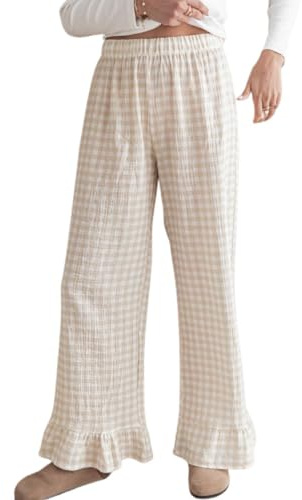 codcm Y2K Damenhose mit Vichy-Karo-Muster, mit Fliege, seitlicher Schlitz, weites Bein, Loungehose, Khaki1, S