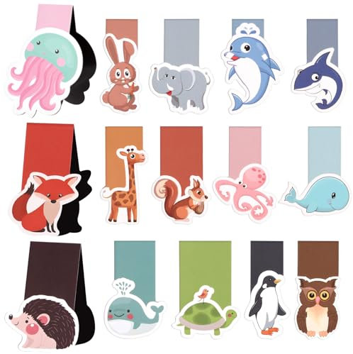 RISVOWO 15 Stück Lesezeichen Magnetisch, Zweiseitig Tiere Magnet für Kinder, Lesehilfe, Mitgebsel Kindergeburtstag für Schüler, Junge, Mädchen, Buchliebhaber