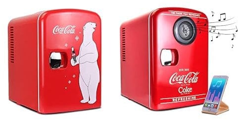 Koolatron Mini Fridge 4L Small Fridge 6 Can Quite Mini Fridges Mini Cooler Warmer for Office Home Travel PB Red + Coke Mini Fridge 4L Mini Cooler with Built-In Bluetooth Wireless Speaker for Desk Red