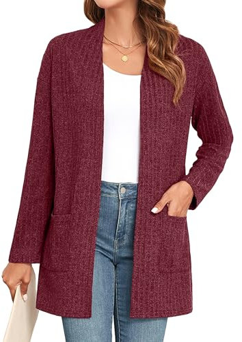 IWOLLENCE Cardigans for Women UK Long Sleeve Lightweight Cardigans Open Front Ribbed Knit Outerwear Cardigan Jumper with Pocket (Wine Red, XXL)