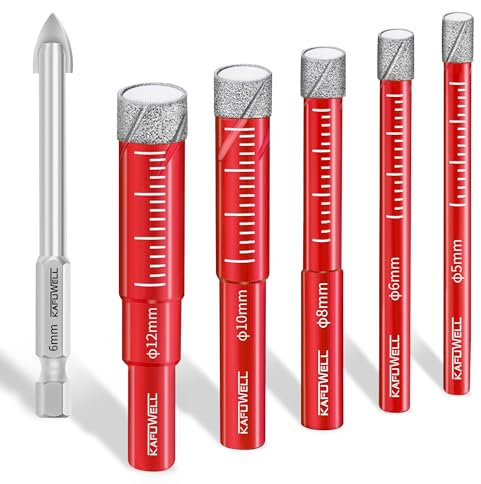 KAFUWELL Fliesenbohrer Diamantbohrer Professional Set 6tlg, 5-12mm Glasbohrer & 6mm Karbid-Anbohrer für Keramik, Granit, Glas, Porzellan, Fliesen, harte Fliesen, Feinsteinzeug, Stein