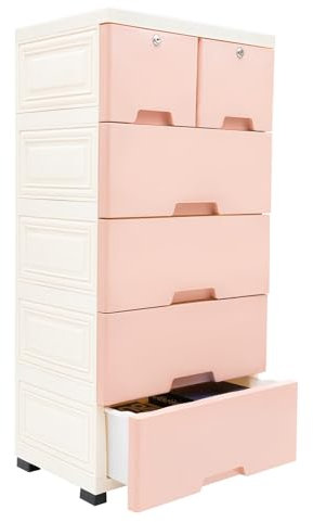 Oxylonty Kommode mit 6 Schubladen Sideboard, Freistehend Kunststoff Kommode, Mit 4 Räder, 50 x 35 x 102cm (Pink)