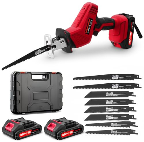 Sararoom Cordless Reciprocating Saw, 21V 0-4000 RPM Variable Speed Reciprocating Saw with 2x2000mAh Batteries & Fast Charger, Electric Saw with 8 Saw Blades for PVC/Wood/Metal Cuting - Red