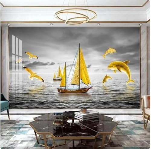 Tzxztt Golden Sailboat Ocean Grey Modern 3D Wallpaper Embossed Silk Neutral Tones Material Ideal for Living Room Bedroom-150cm×105cm