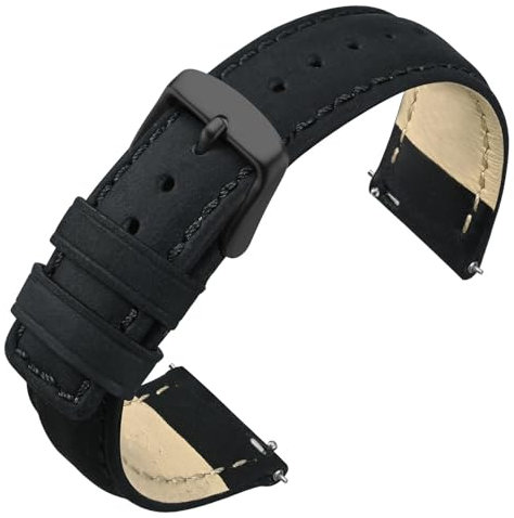 ANNEFIT Retro Leder Uhrenarmband, Schnellverschluss Echtes Lederarmband Ersatzarmband für Herren Damen 20mm, Schwarze Schnalle (Schwarz)