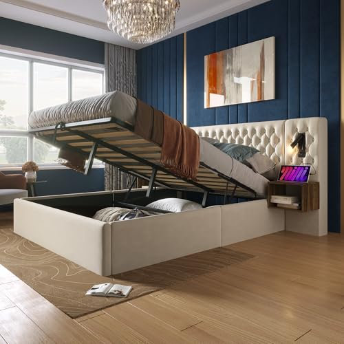 Polsterbett 180x200cm, Doppelbett mit hydraulisches Stauraum und Nachttisch, Bett mit Lattenrost, Leselicht mit USB Ladefunktion Kopfteil, Stauraumbett Jugendbett Bettkasten (Beige, 180×200 cm)