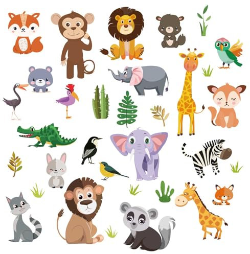 CRASPIRE 8 Sheets Cute Cartoon Animal Wall Sticker Lion Elephant Window Decals Self Adhesive PVC Waterproof Window Cling Peel Stick Wall Decor for Bedroom Living Room Stairway Nursery Home Decoration