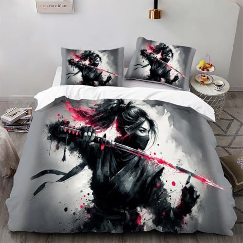 Zbeiba Bettwäsche 135x200cm Set 3 Teilige,Kinder Junge Mädchen Bettbezug + 2 Kissenbezug,Rot-schwarzer visueller Eindruck, Katana-Attentäterin Motiv（135x200+2 * 50x75,Sti8）