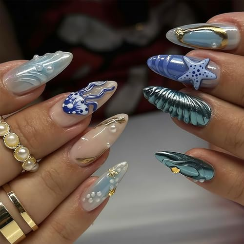 Yamobi 24 unidades de uñas postizas almendra medianas azul y blanco punta francesa con conchas 3D y diseño de estrellas blanco ombré brillantes