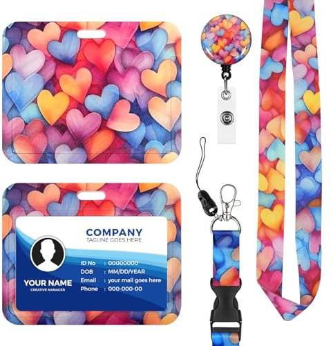 Porte Badge avec Cordon,Tour de Cou Badge avec Porte-Cartes,Porte Badge Enrouleur, Strap Neck avec Swivel Lobster Clasp pour Porte Badges d'Identification (A-Love-1)