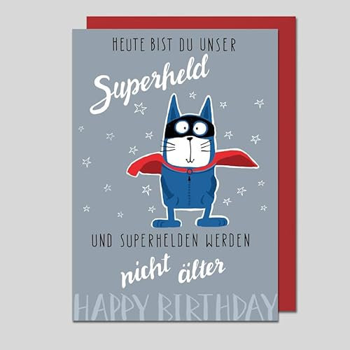 Michel Verlag Glückwunschkarte SUPERHELD HAPPY BIRTHDAY Geburtstagskarte – Superman Motiv inspiriert vom Film Marvel, Grußkarte für Fans Klappkarte inkl. Umschlag, Comic Stil. 12x17cm. Made in Germany